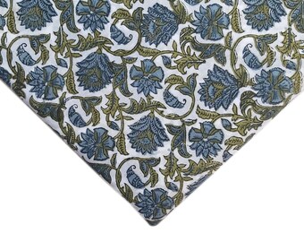 Tissu en coton bleu à imprimé floral bloc : tissu à coudre indien par mètre