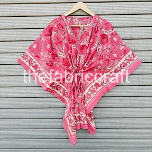 Hermoso caftán corto con estampado floral, 100 % algodón puro indio, vestido largo, pijama, pareo playero, hecho a mano.