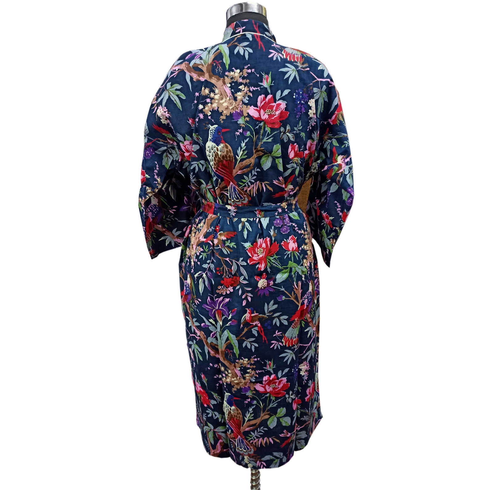 Bird Print Blue Robes Cotton Kimono Robes Floral Kimono | Etsy