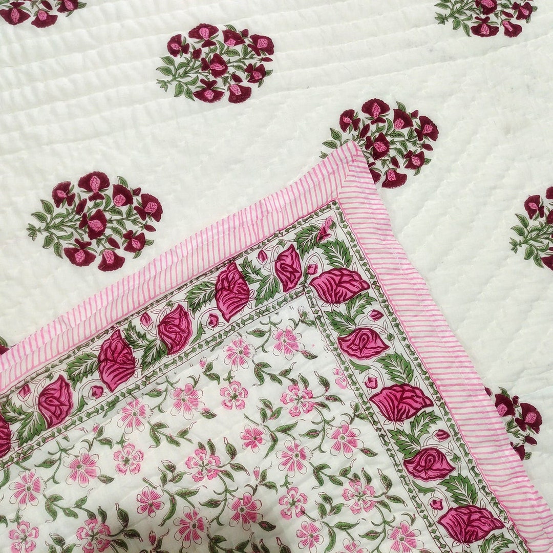 Pink - Double - Reversible Sanganeri Block Print Cotton Quilt 18