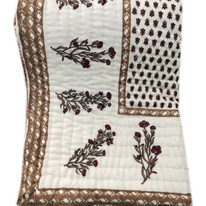 Brown Floral Print Quilt, Block Print Quilt, Handmade Quilt, Reversible Soft Cotton Quilt, Kantha Bedspread