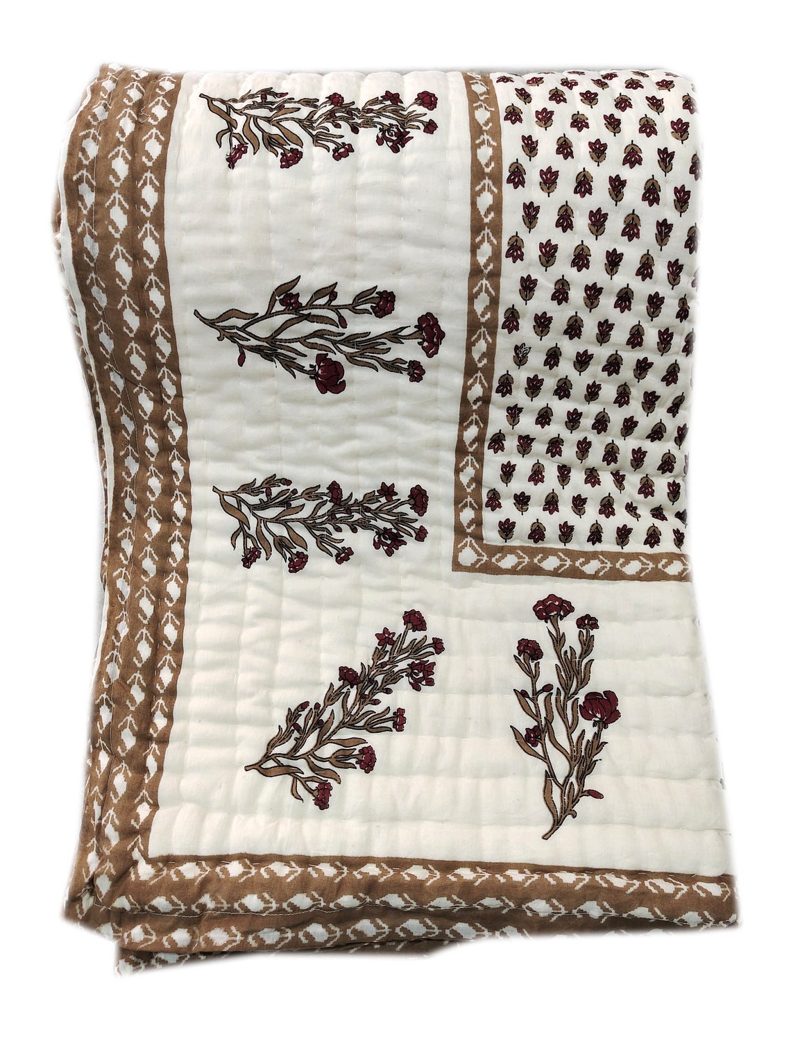 Brown Floral Block Print Quilt, Handmade Reversible Cotton Kantha