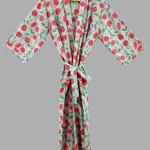 Hand Block Print Cotton Kimono Robe: Floral Beach Cover-Up