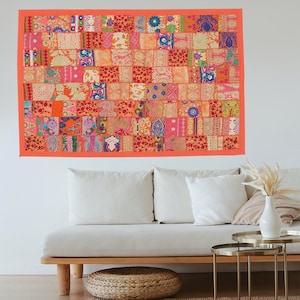 Orange Indian Wall Hanging Tapestry Vintage Sari Patchwork Bohemian Wall Tapestry Art Curtain Wall Decor Backdrop Art Handmade Wall Hanging