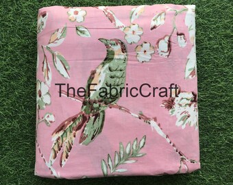 Pink Bird Floral Print Cotton Fabric: Indian Block Print