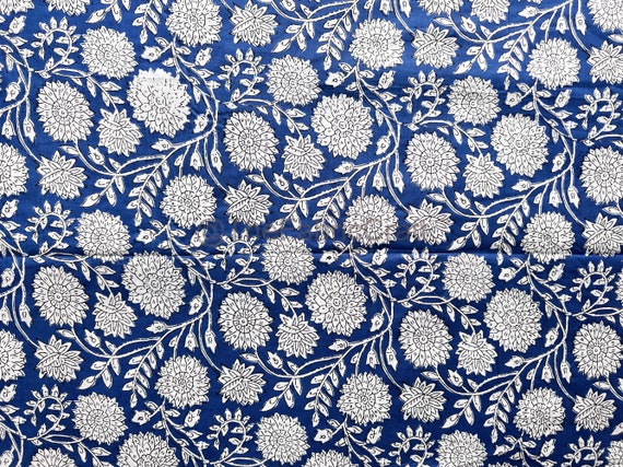 Cotton Hand Block print Fabric Blue Dress Making Sewing Material Fabric 10  yard