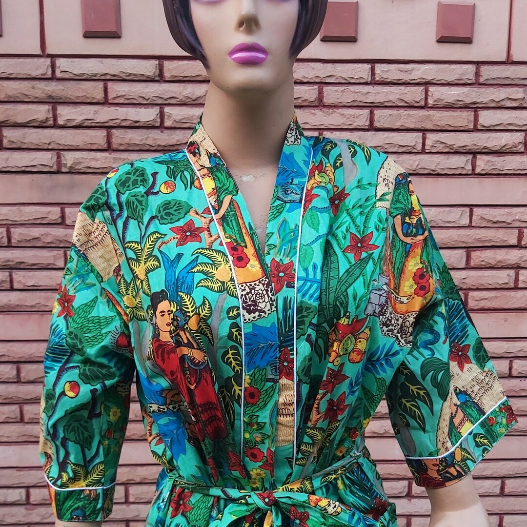 Frida Kahlo Kimono Robe: Indian Cotton Sanganeri Print, Beach Cover Up ...