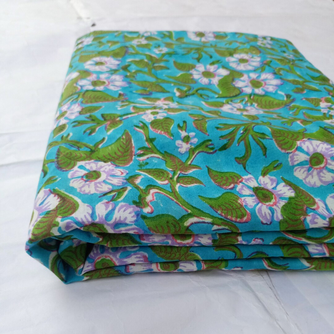 Block Print Fabric by the Yard, Cotton Fabric, Turquoise Floral Fabric