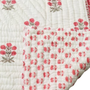 Handmade Reversible Cotton Quilt: Pink Floral Block Print, Twin/King