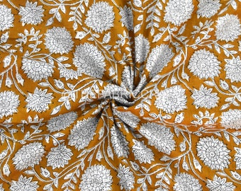 Hand Block Print Cotton Fabric: Floral Sewing Fabric By The Yard