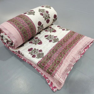 Hand Block Print Cotton Kantha Quilt: Reversible Indian Blanket