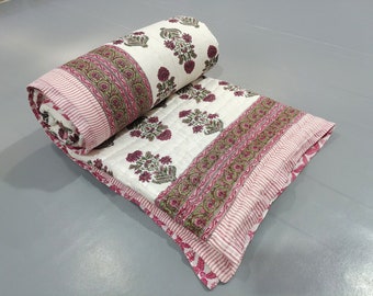 Hand Block Print Cotton Kantha Quilt: Reversible Indian Blanket