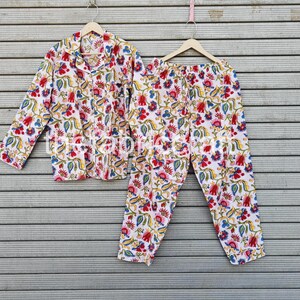 New Floral Print Block Print Cotton Pajama Set, Indian Handmade Pj Set, Nightwear Dress, Bridal Party Pajamas, Sleepwear Pajama&#39;s