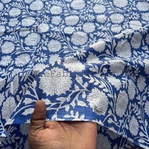 Blue Floral Cotton Fabric, Indian Fabric by the yard, Printed Cotton Fabric, Sewing Material, Dressmaking Fabric
