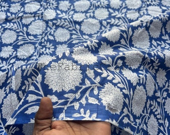 Blue Floral Cotton Fabric: Hand Block Printed Indian Sewing Material