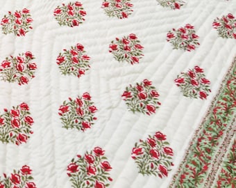 Red Floral Block Print Quilt: Reversible Hand-Stitched Cotton Bedspread