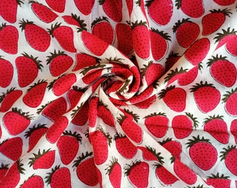 Strawberry Print Fabric By The Yard, Block Print Cotton Fabric, Indian Cotton Fabric, Printed Cotton Fabric, Fabric For Dress