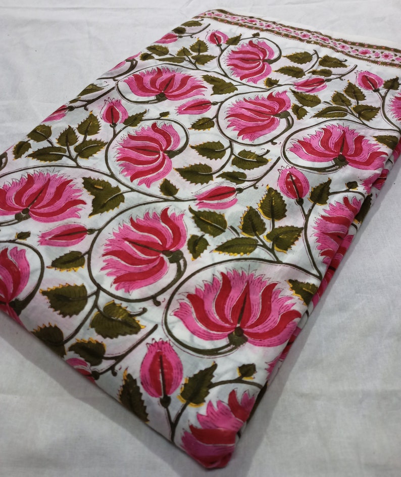 Pink Lotus Print Cotton Fabric Block Print Fabric by the Etsy