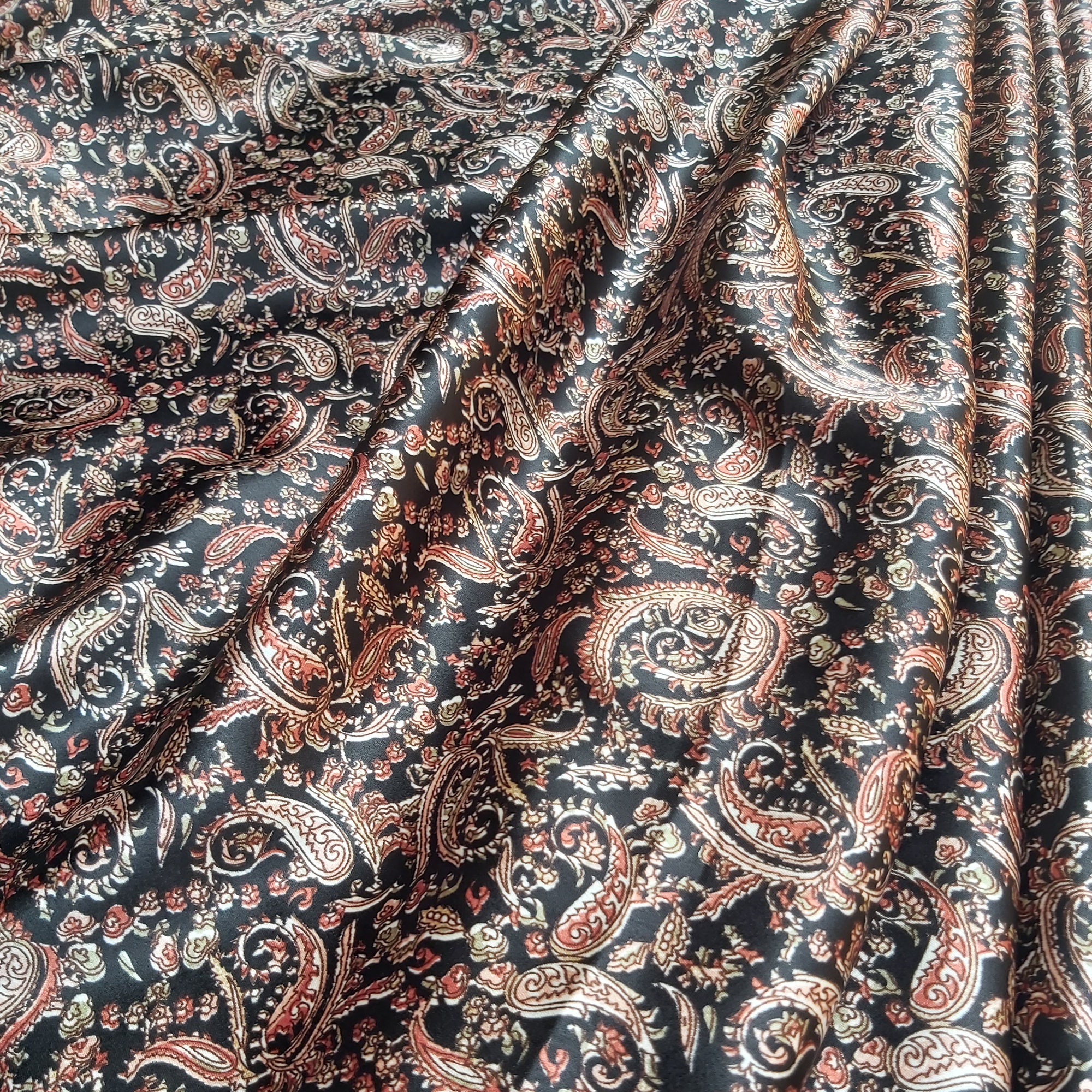 Black Paisley Design Satin Silk Fabric Girls Dress Fabric Etsy