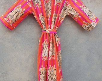 Tiger Print Cotton Kimono Robe: Indian Bridesmaid Gown, Beach Cover-Up