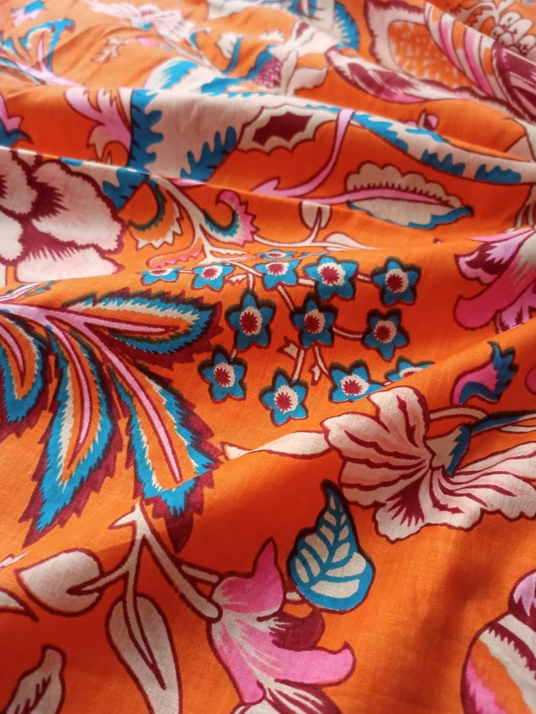 Beautiful New Floral Print Orange Fabric, Hand Block Print Soft Cotton