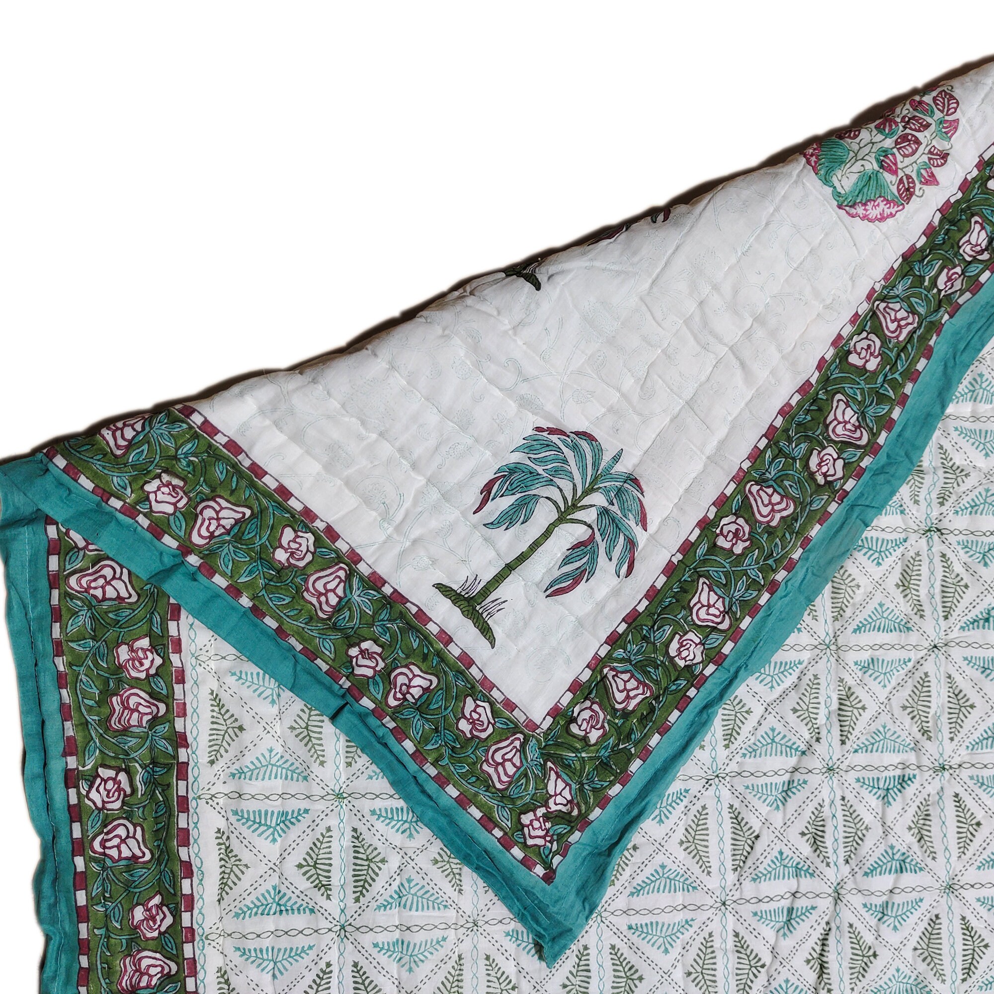 King Size Cotton Quilt Block Print Quilt Cotton Bedspread Etsy UK