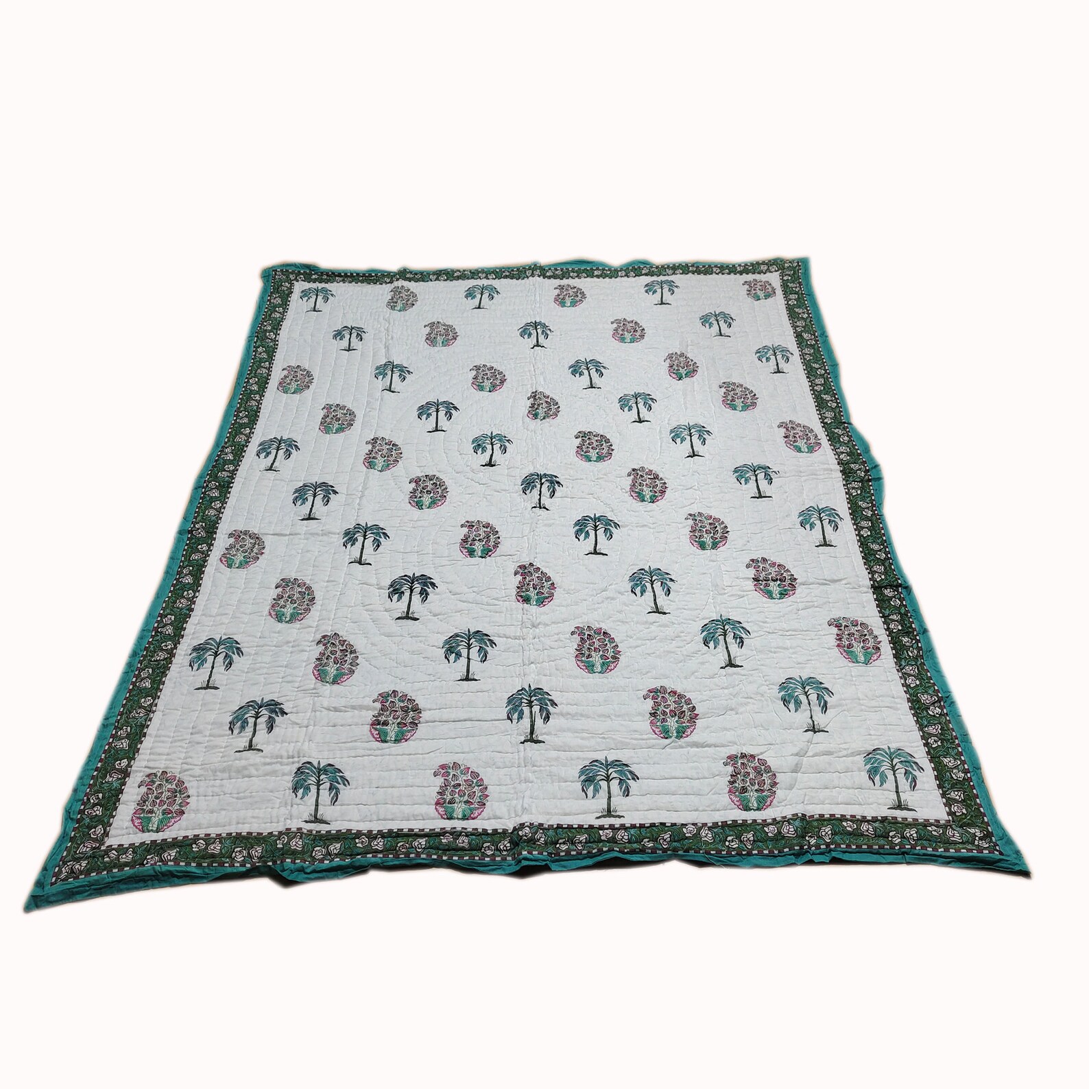 King Size Cotton Quilt Block Print Quilt Cotton Bedspread Etsy UK