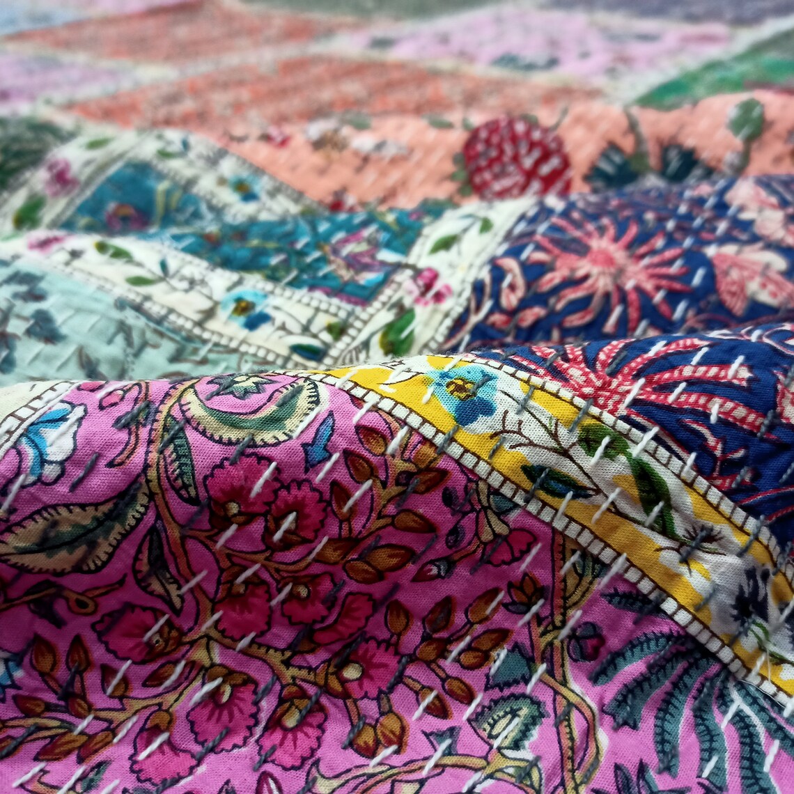 Indian Handmade Quilt Patchwork Quilt Kantha Quilt Kantha Etsy