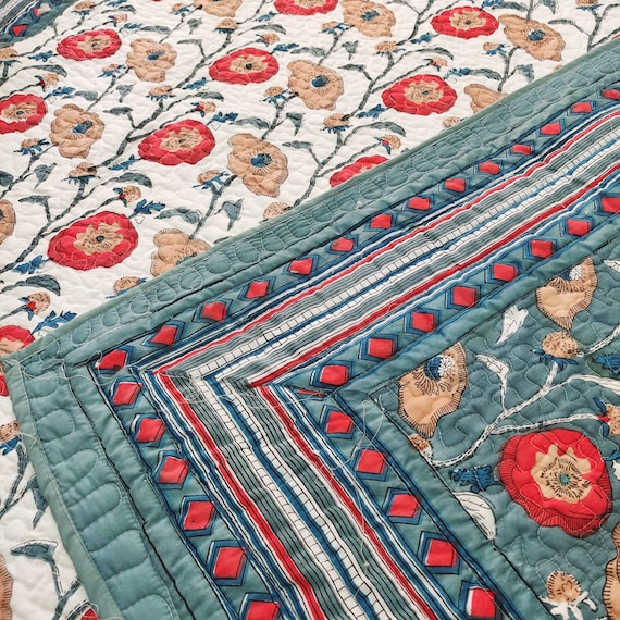 Reversible Quilt King Size Quilt Block Print Quilt Floral Etsy