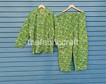 Floral Green Cotton Pajama Set, Long Pant Sleepwear