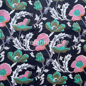Pink Floral Print Cotton Fabric: Indian Handmade Sewing Fabric By The Yard
