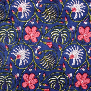 Indian Hand Block Print Fabric, Floral Print Handmade Fabric By The Yard, Sewing Fabric, Dressmaking Fabric, Blue Fabric