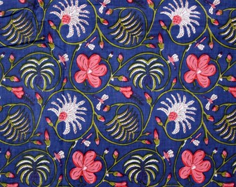 Floral Hand Block Print Cotton Fabric, Blue Sewing Fabric