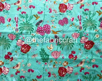 Hand Block Printed Cotton Fabric: Light Green Floral Boho Style