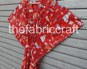 Christmas Print Cotton Kaftan Dress: Indian Maxi Nightwear, Beach Cover Up