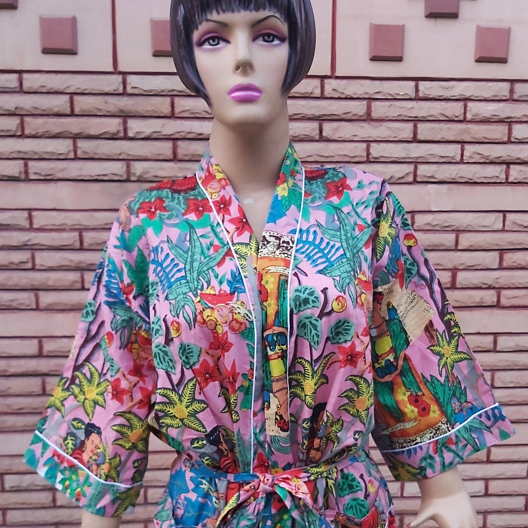 Frida Kahlo Kimono Robe: Handmade Cotton Sanganeri Print Dressing Gown ...