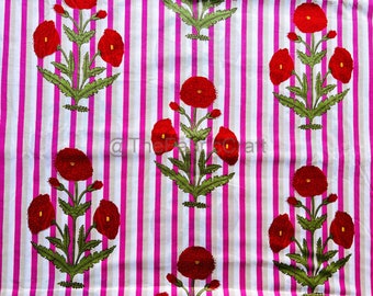 Hand Block Print Cotton Fabric: Striped Floral Sewing Fabric By The Yard