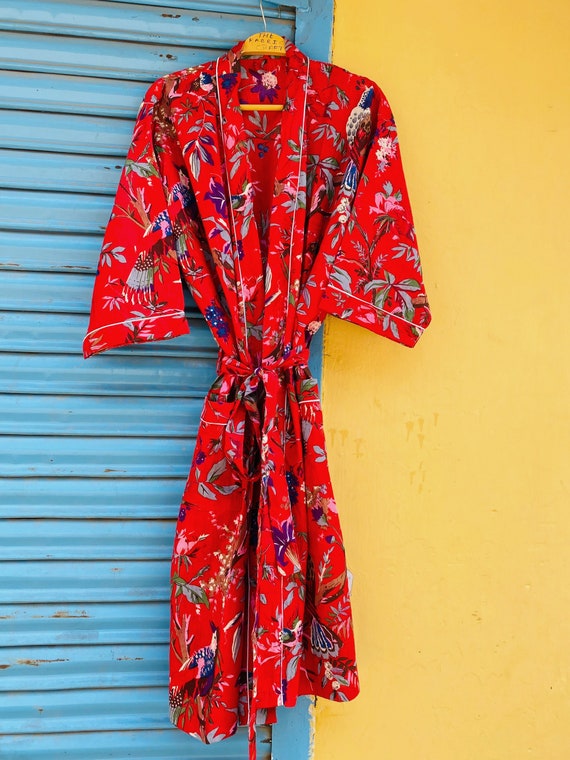 Red Bird Print Cotton Kimono Robe: Hand Block Printed Indian Gown