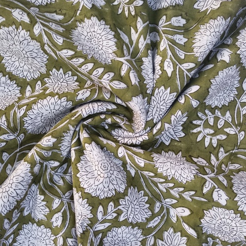 Green Floral Print Cotton Fabric Block Print Fabric Indian - Etsy