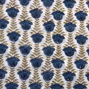 Beautiful Blue Floral Print Cotton Fabric, Indian Block Print Fabric, Sewing Fabric By The Yard, Dressmaking Fabric, Home Decor Fabric