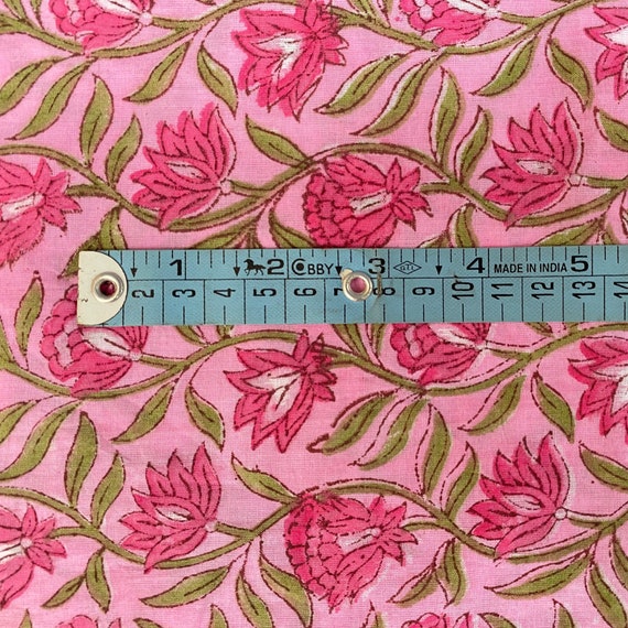 Pink Floral Block Print Cotton Fabric: Indian Sewing