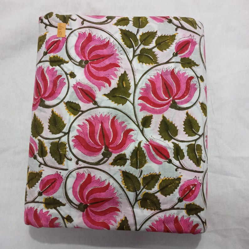 Pink Lotus Print Cotton Fabric Block Print Fabric by the Etsy