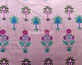 Pink Palm Tree Cotton Fabric: Hand Block Printed Boho Sewing Fabric