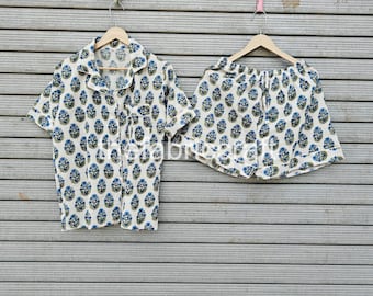 Pijama corto de algodón con estampado floral hecho a mano; conjunto de pijama con estampado de bloques para dormir.