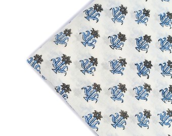 Blue Flower Hand Block Printed Cotton Fabric by the Yard