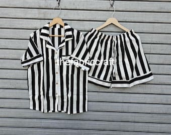Gestreifte Baumwolle Pj Shorts Set: Frühling Sommer Lounge Wear
