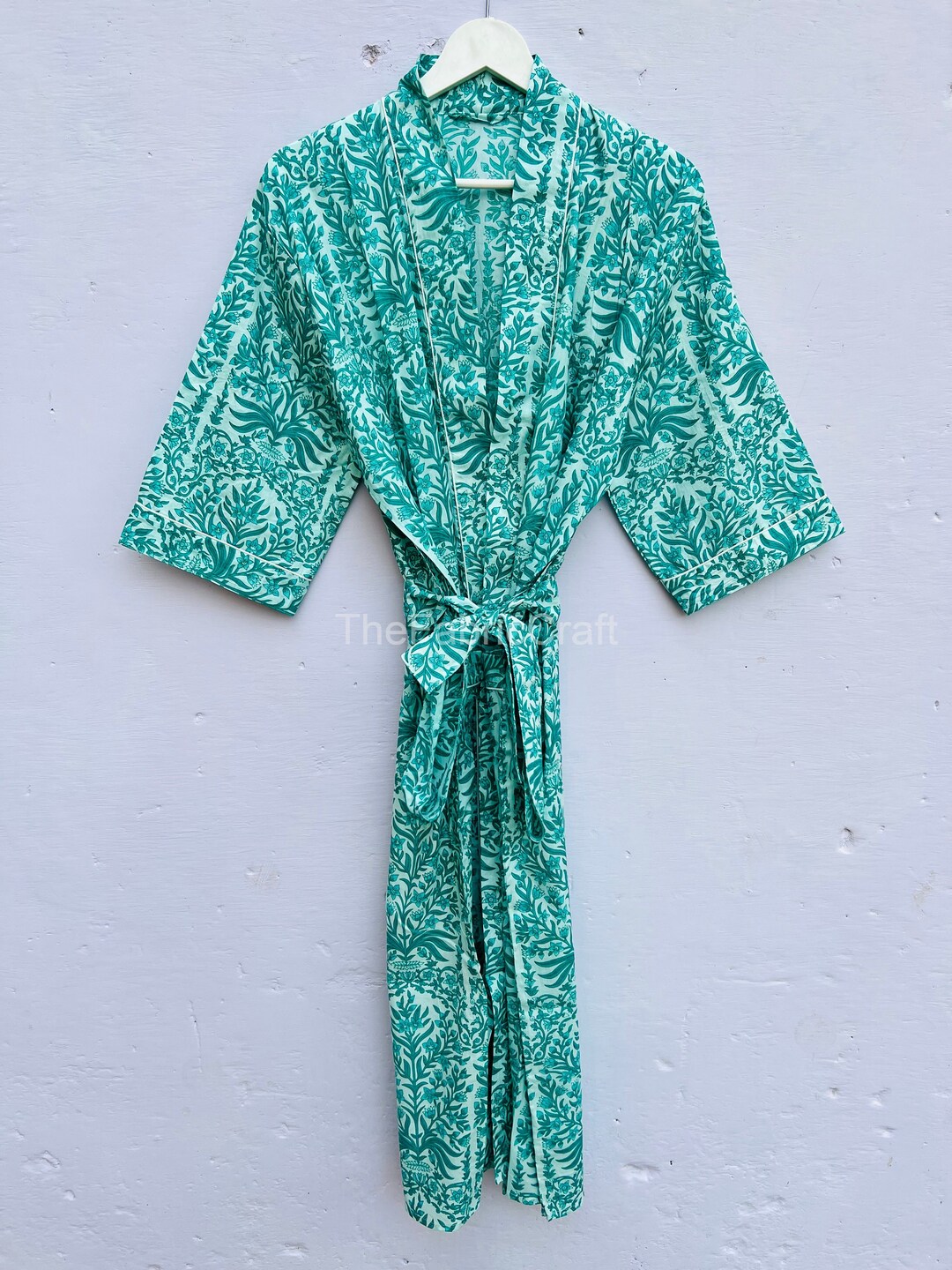 Indian Floral Print Cotton Kimono Robe, Long Dressing Gown, Kimono