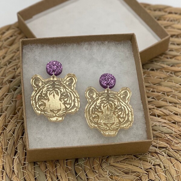 Acrylic Tiger Earrings, Customized Earrings, Game Day Earrings, Purple and Gold Earring Set (2pc)