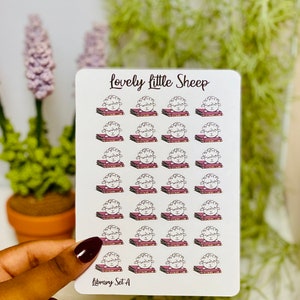 Woolly the Sheep, Hoja de pegatinas de return to Library A, boeken, bibliotheek, boeken terugbrengen, lezen, lenen, plannen, planner, journal