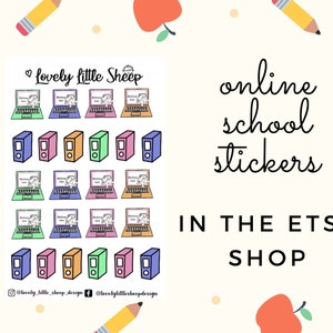 Op de afbeelding: Een set kleurrijke digitale school stickers met laptops, mappen en de tekst "Lovely little Sheep online school stickers in the Etsy shop".